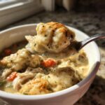 A spoonful of creamy chicken and dumpling, showing a fluffy dumpling and shredded chicken.