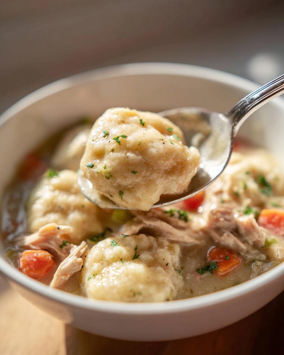A spoonful of creamy chicken and dumpling soup showing a fluffy dumpling, shredded chicken, and carrots.