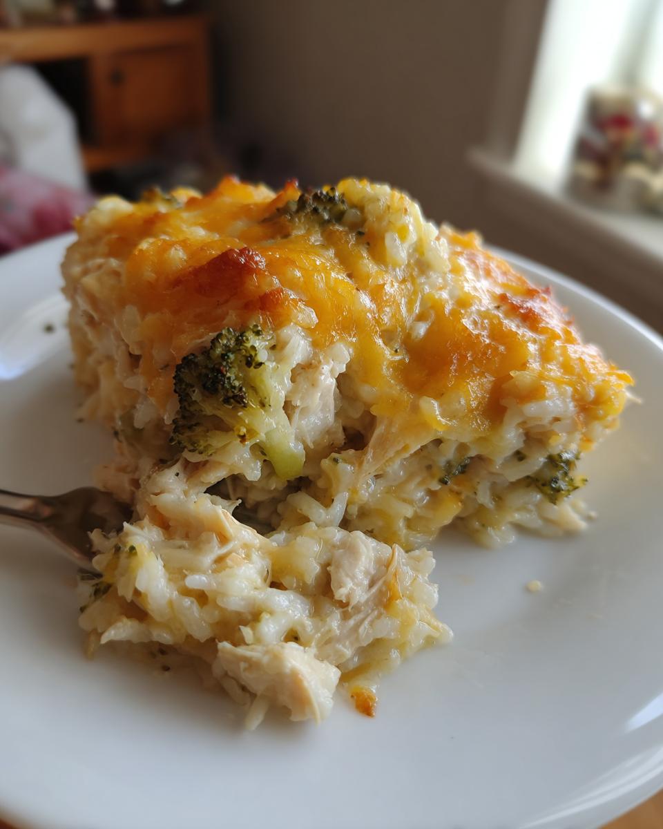 A close-up of a serving of creamy chicken broccoli rice casserole topped with melted, browned cheddar cheese.