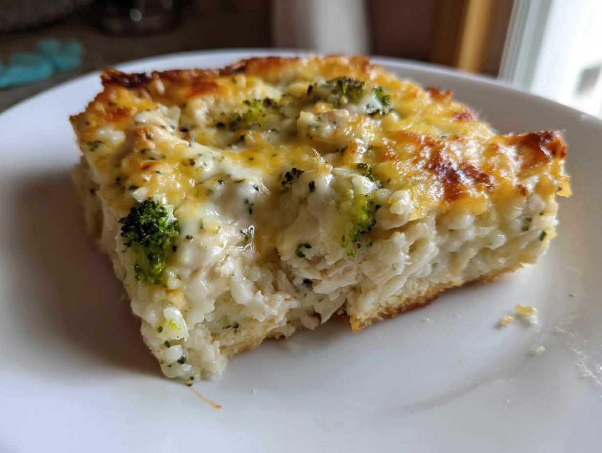A close-up slice of creamy chicken broccoli rice casserole topped with melted, browned cheese.
