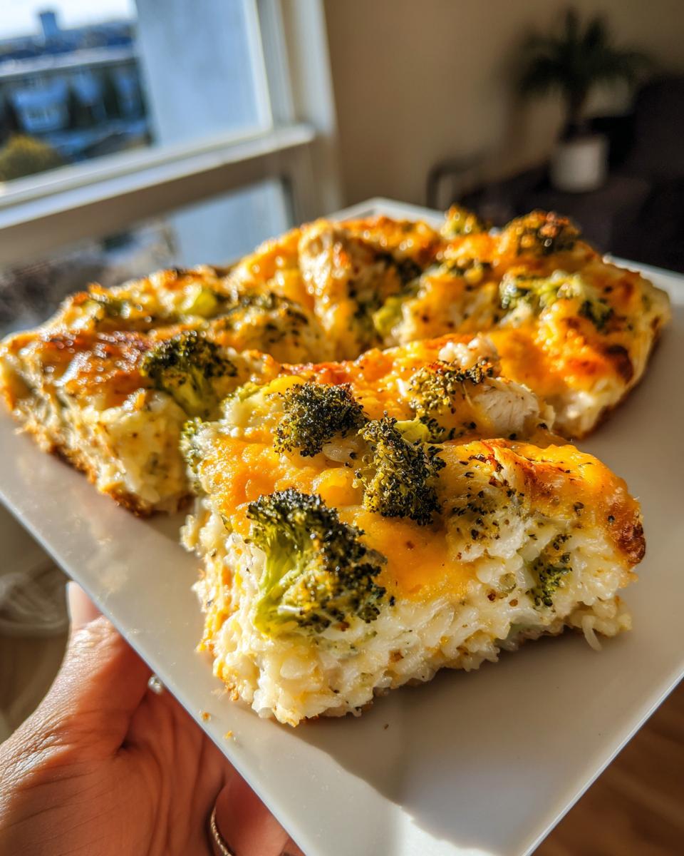 A hand holds a white plate featuring several slices of baked chicken broccoli rice casserole topped with melted cheddar cheese.