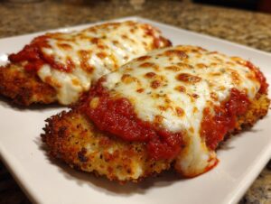 Close-up of two golden brown, breaded chicken parmesan recipe portions topped with melted mozzarella and marinara sauce.