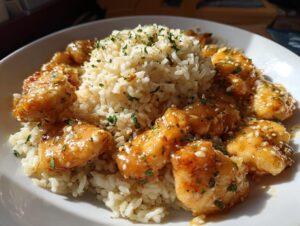 Close-up of saucy chicken scampi pieces surrounding a mound of garlic parmesan rice, garnished with parsley.