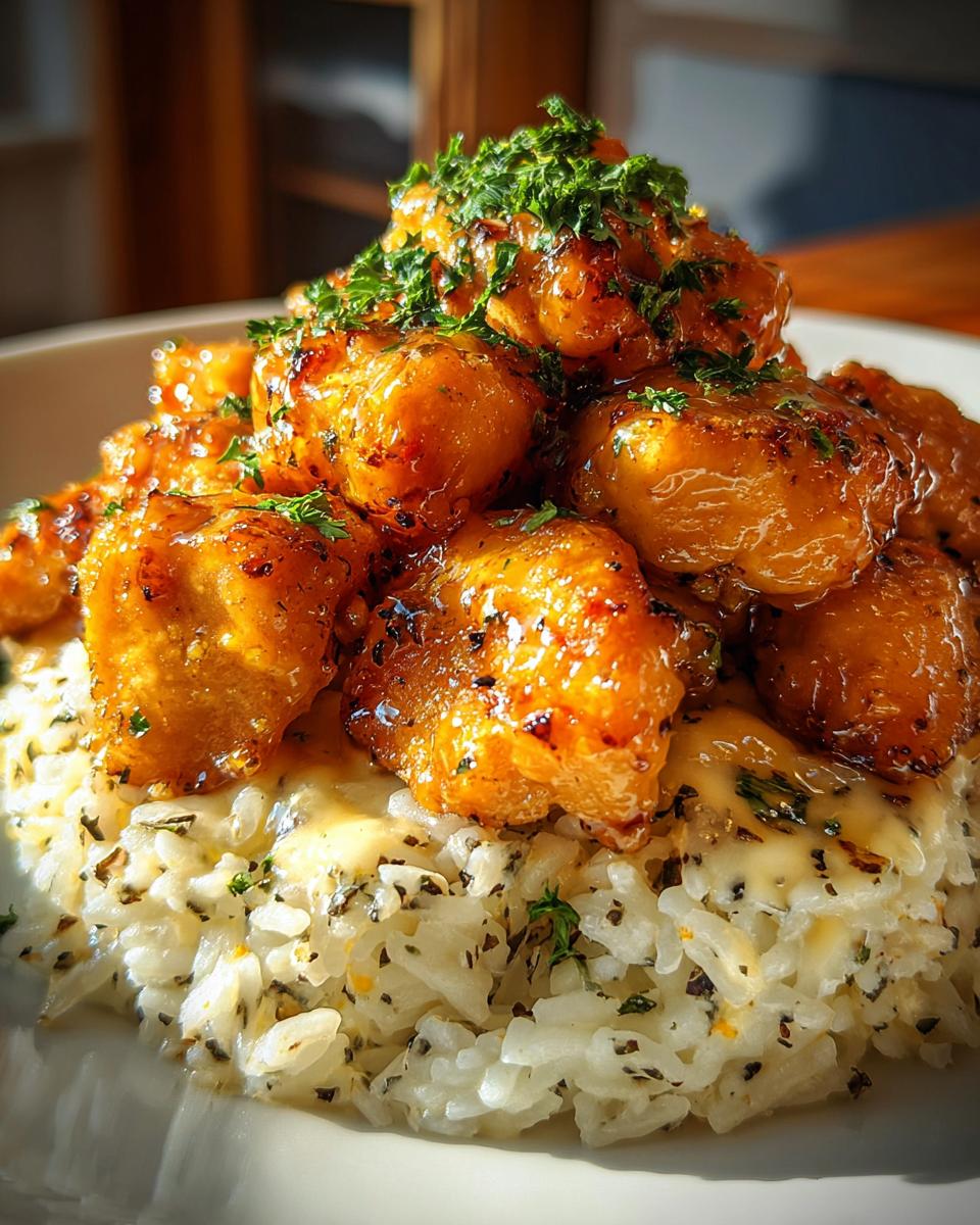Golden brown chicken scampi pieces piled high over creamy garlic parmesan rice, garnished with fresh parsley.