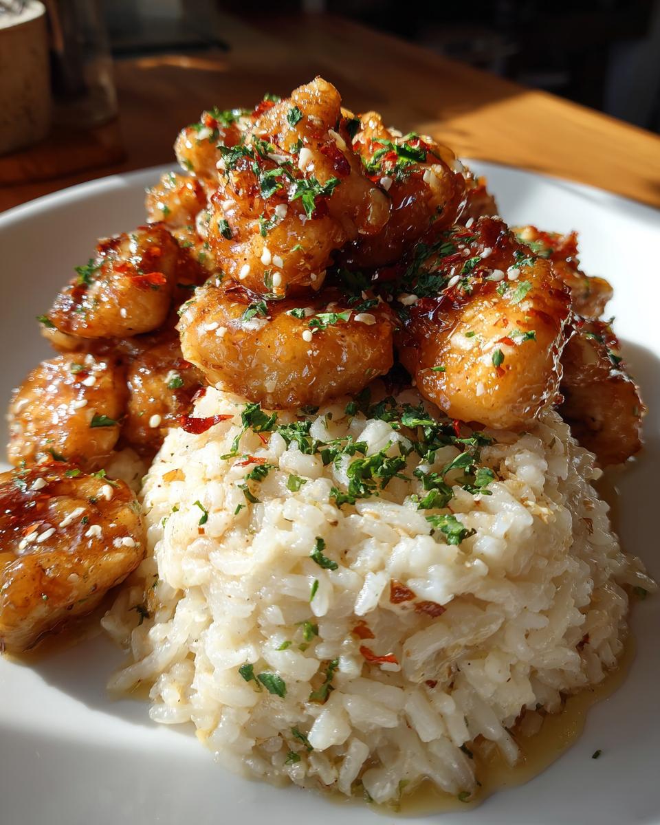 Golden pieces of chicken scampi served over a mound of garlic parmesan rice, garnished with parsley.