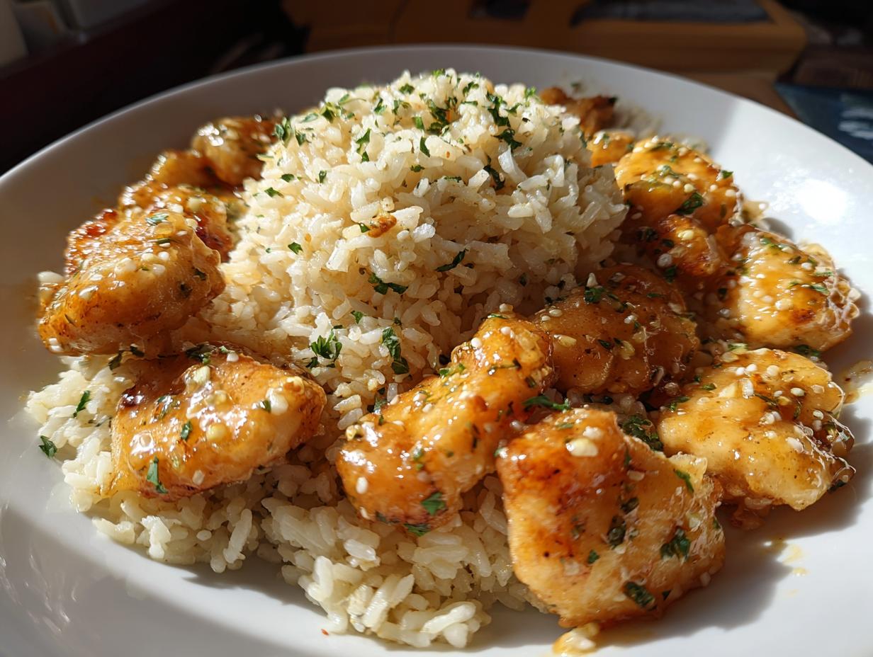 Close-up of saucy chicken scampi pieces surrounding a mound of garlic parmesan rice, garnished with parsley.