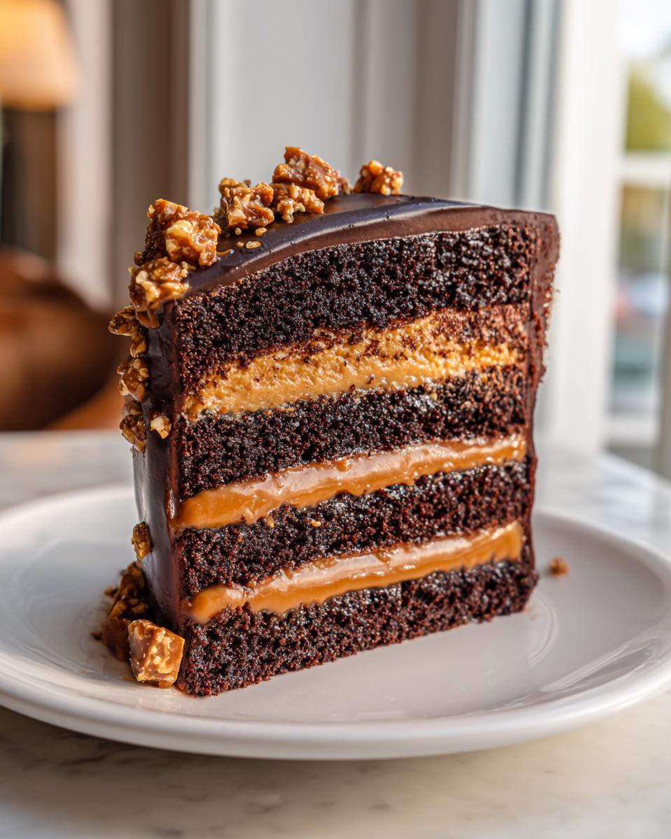 A tall slice of chocolate caramel toffee crunch cake with three layers of dark chocolate cake and caramel filling.