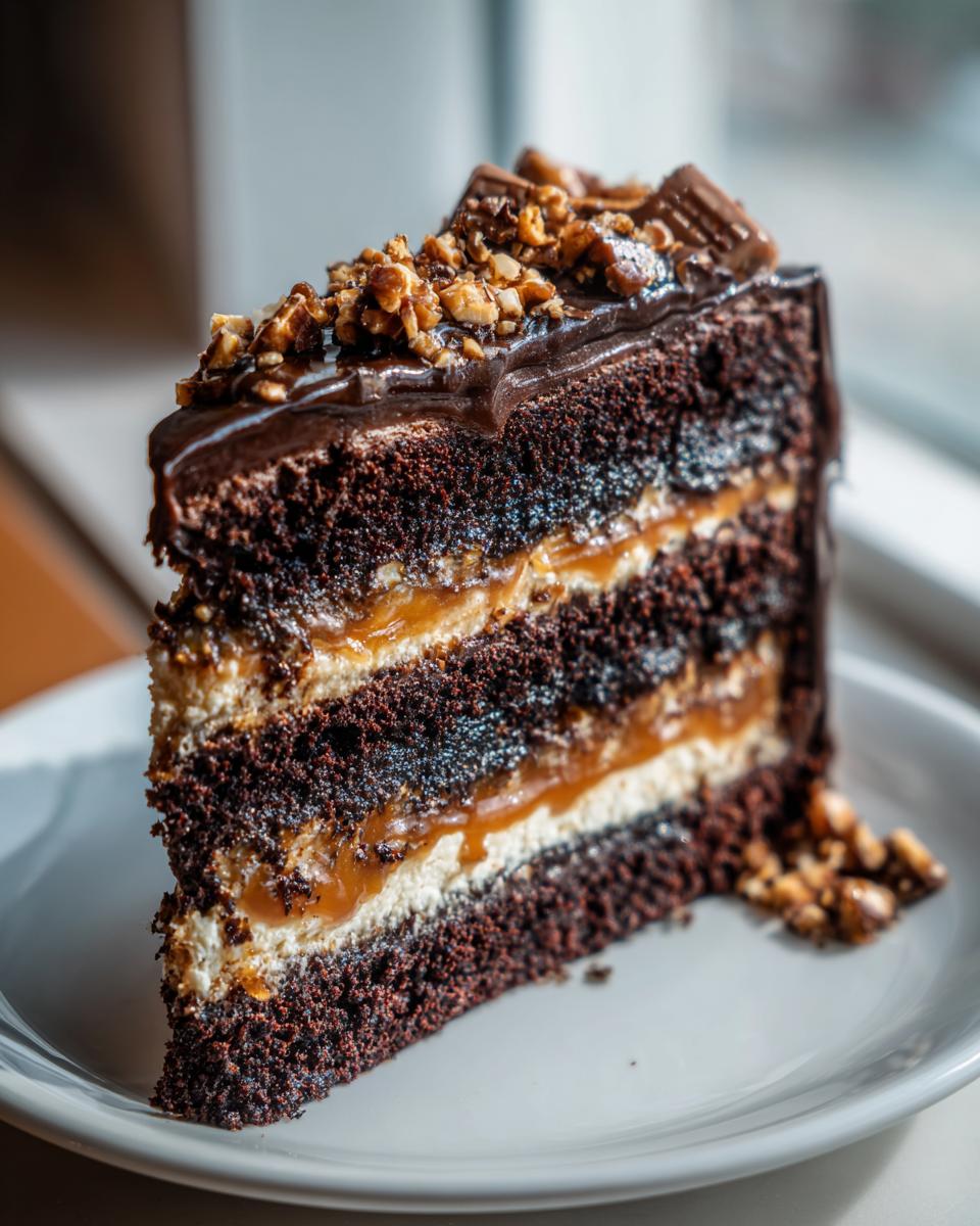 Close-up of a decadent slice of chocolate caramel toffee crunch cake with multiple layers.