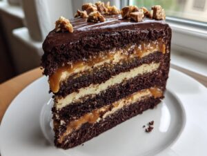 Close-up of a decadent slice of chocolate caramel toffee crunch cake showing multiple dark chocolate layers and caramel filling.