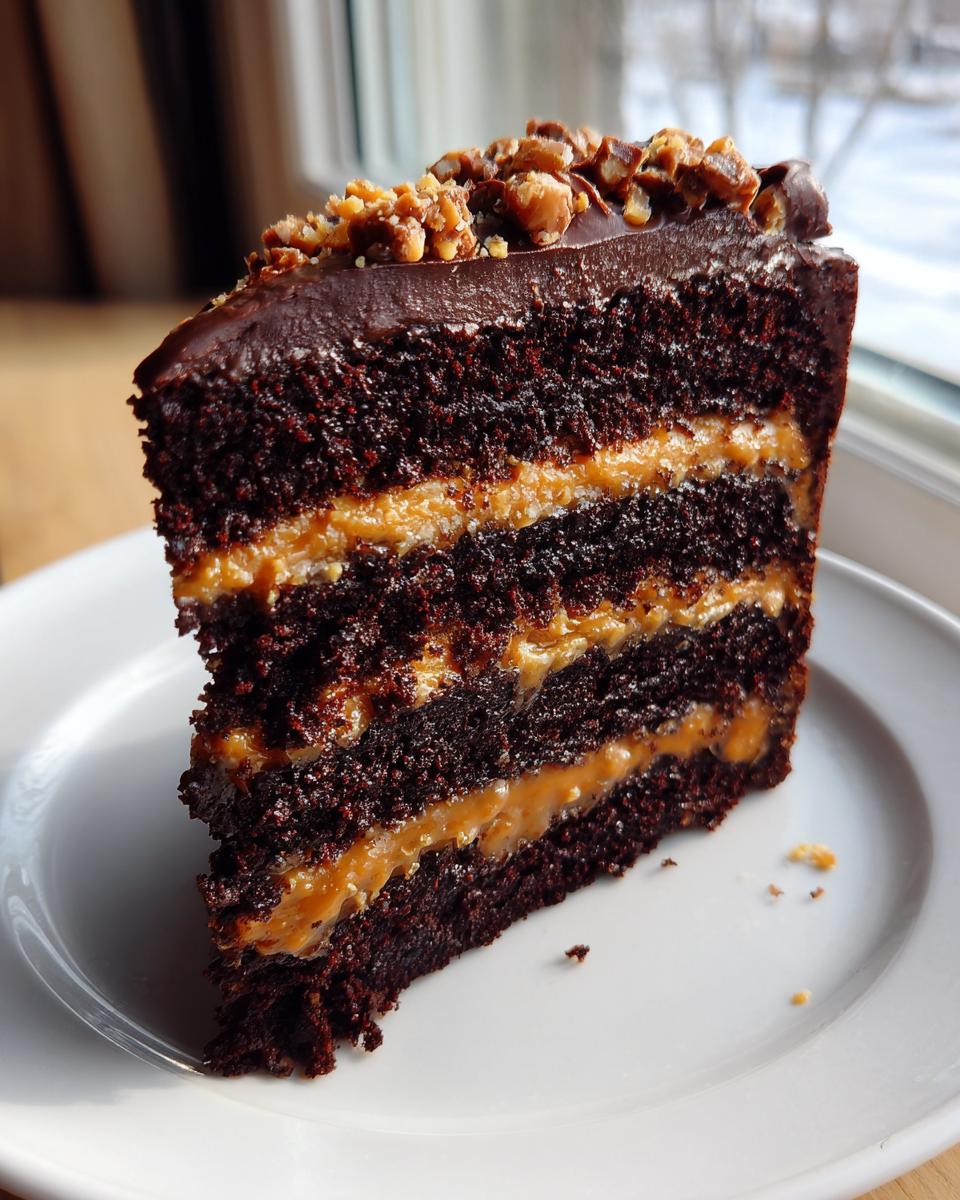 A tall slice of chocolate caramel toffee crunch cake showing four dark chocolate layers and three caramel filling layers.