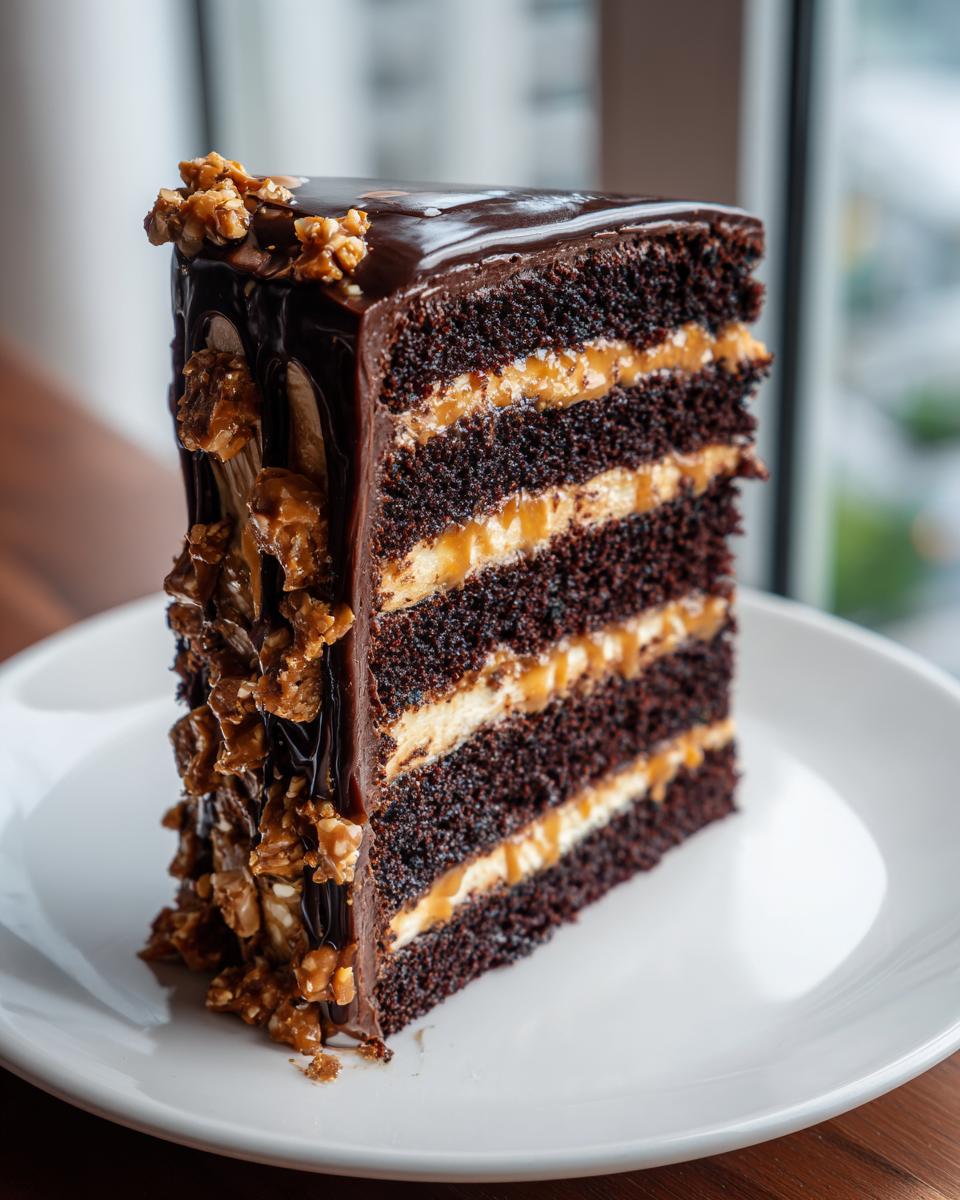 A tall slice of chocolate caramel toffee crunch cake showing four dark chocolate layers and caramel filling.
