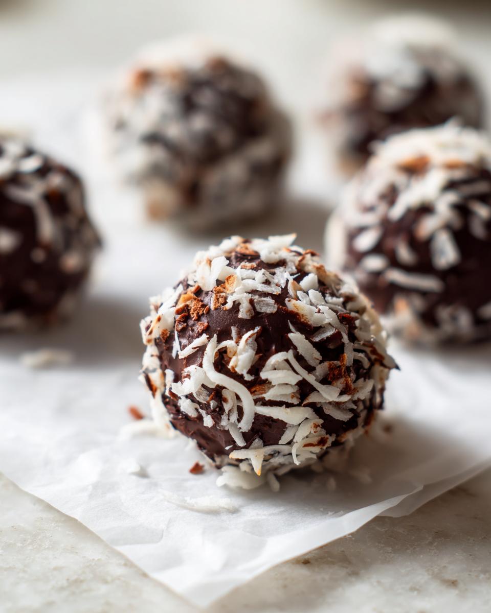 A close-up, shallow depth of field shot of one chocolate coconut balls coated in shredded coconut.