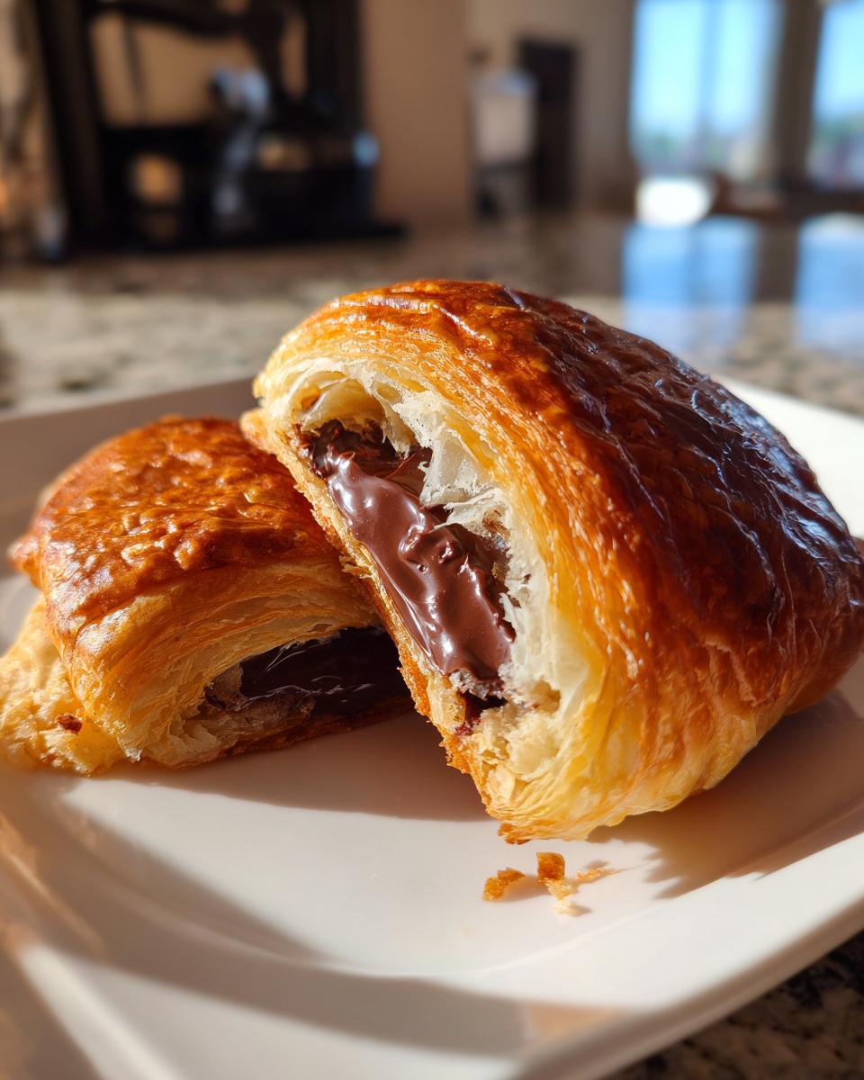 A homemade chocolate croissant cut in half showing gooey melted chocolate filling inside flaky pastry.