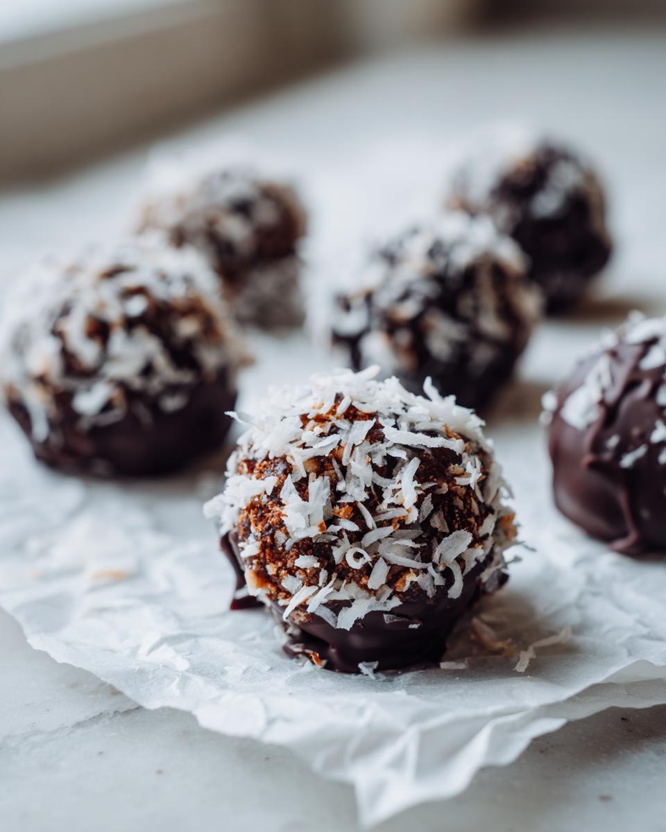 Close-up of a chocolate-dipped coconut balls rolled in shredded coconut, sitting on white parchment paper.