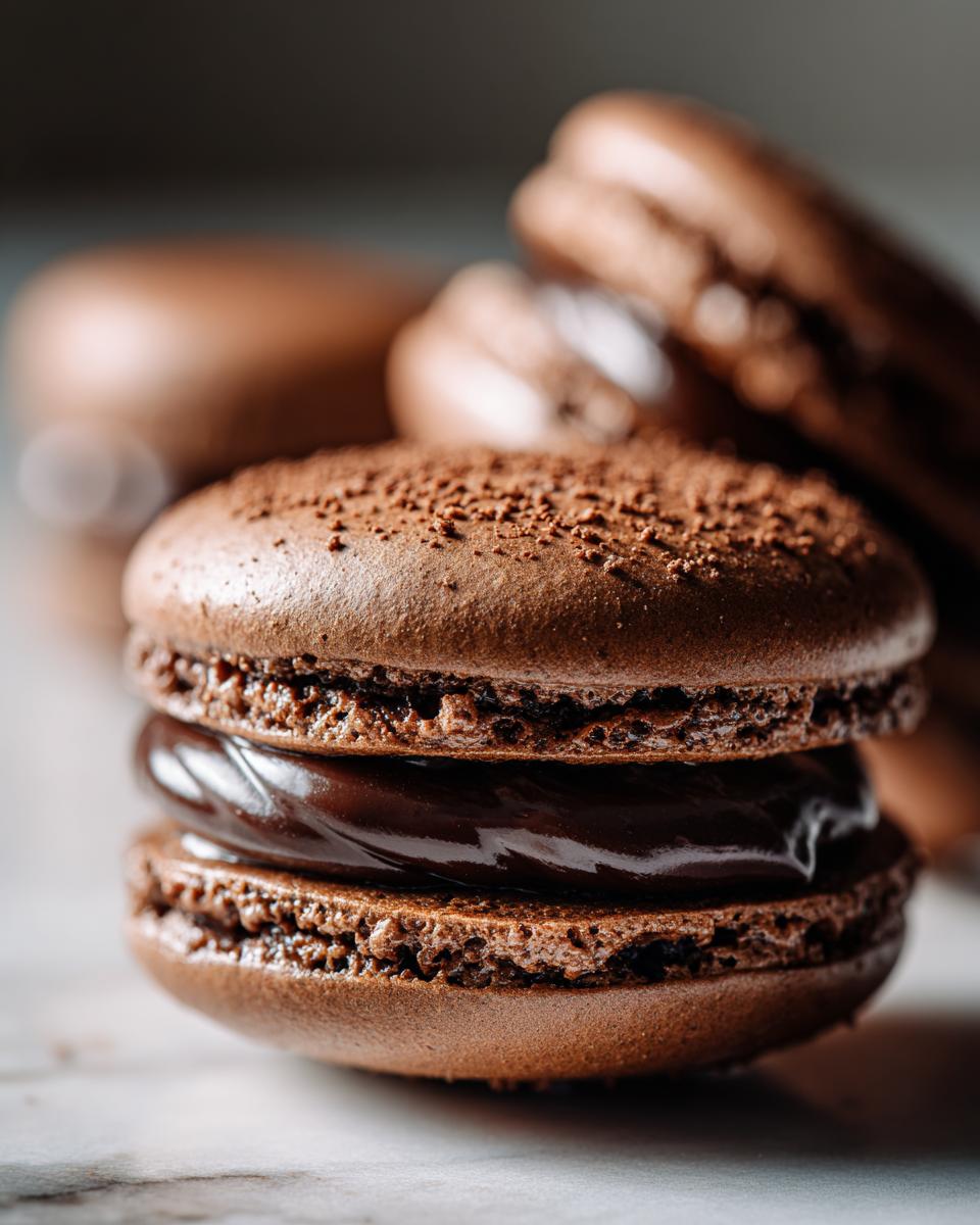 A close-up, macro shot of a perfectly formed chocolate macaron filled with dark chocolate ganache, dusted with cocoa powder.