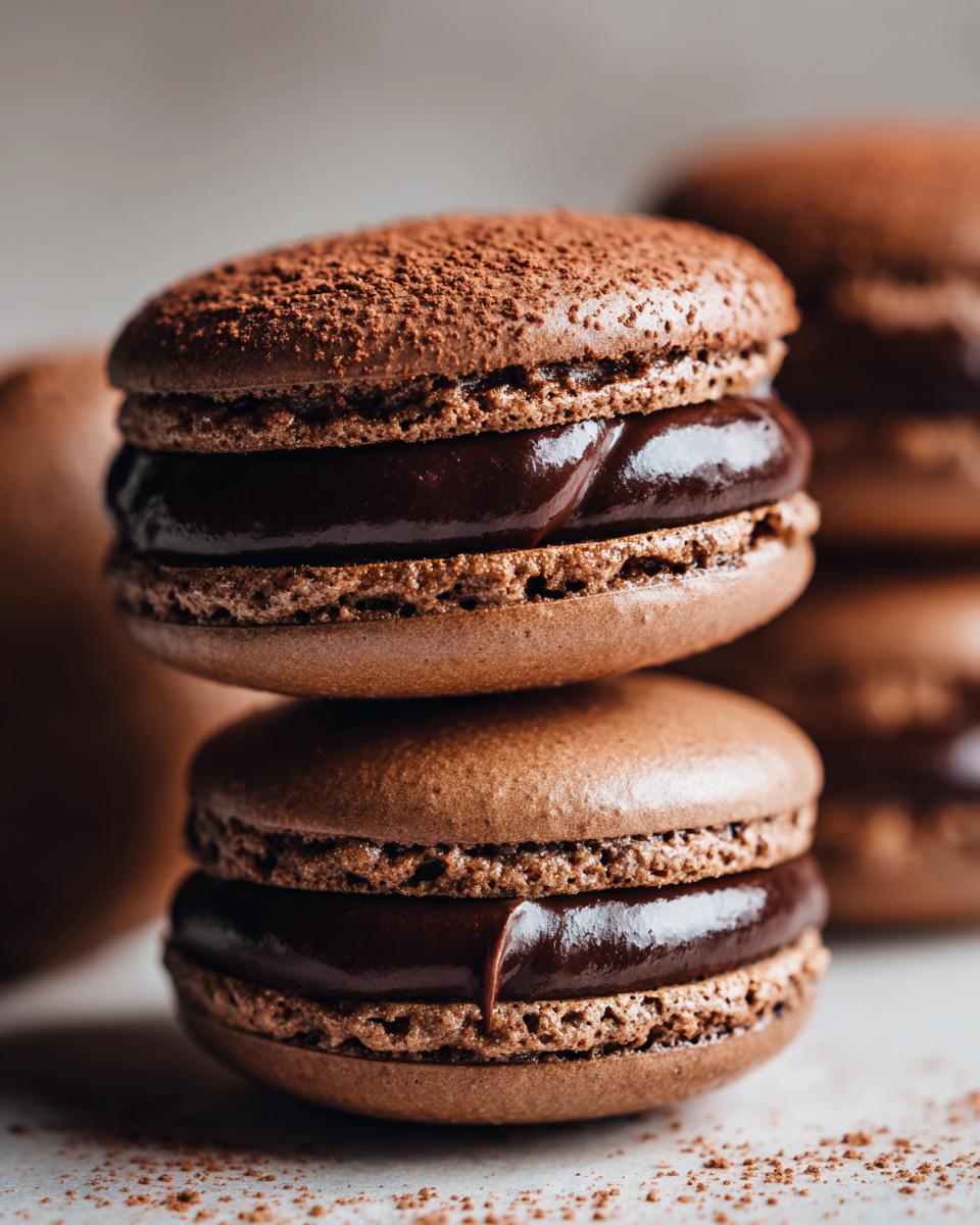 Close-up of two stacked, rich brown chocolate macarons filled with glossy dark chocolate ganache, dusted with cocoa powder.