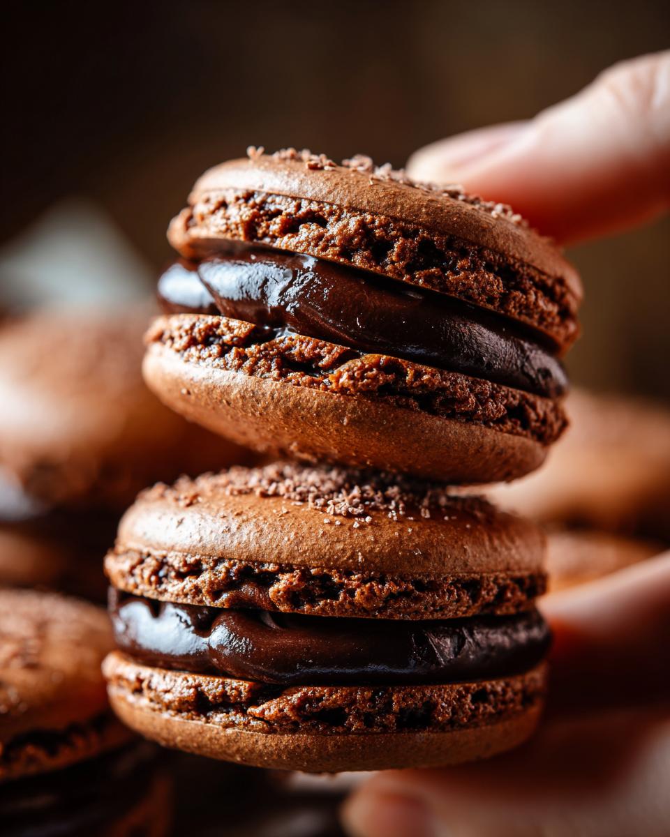 Close-up of two stacked, rich brown chocolate macarons filled with glossy dark chocolate ganache.