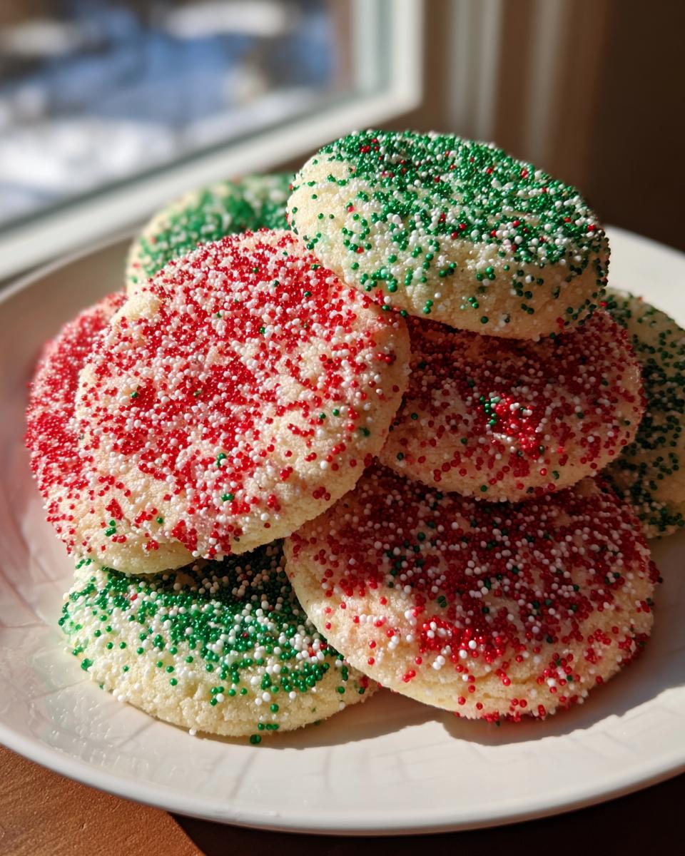 A close-up stack of round christmas sprinkle sugar cookies topped with vibrant red and green nonpareils.
