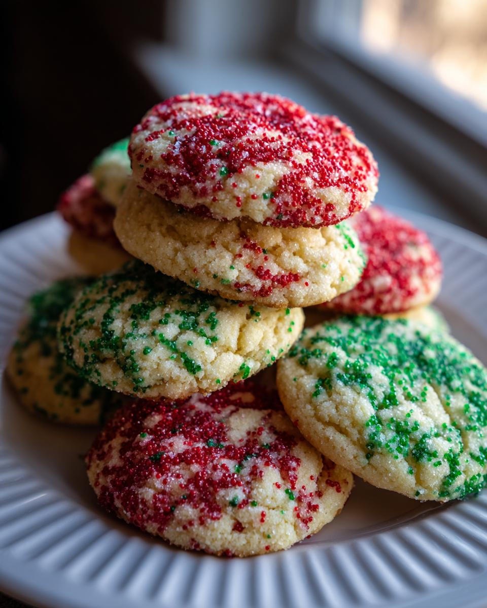 A stack of soft christmas sprinkle sugar cookies topped with vibrant red and green sanding sugar.