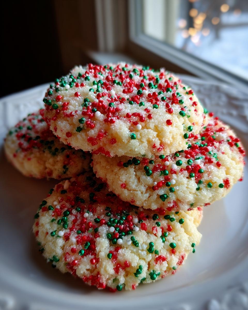 A stack of soft, round christmas sprinkle sugar cookies topped with red, green, and white nonpareils.