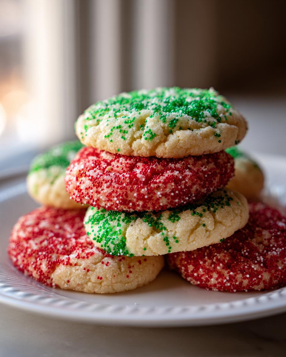 A stack of soft, chewy christmas sprinkle sugar cookies topped with bright red and green sanding sugar.