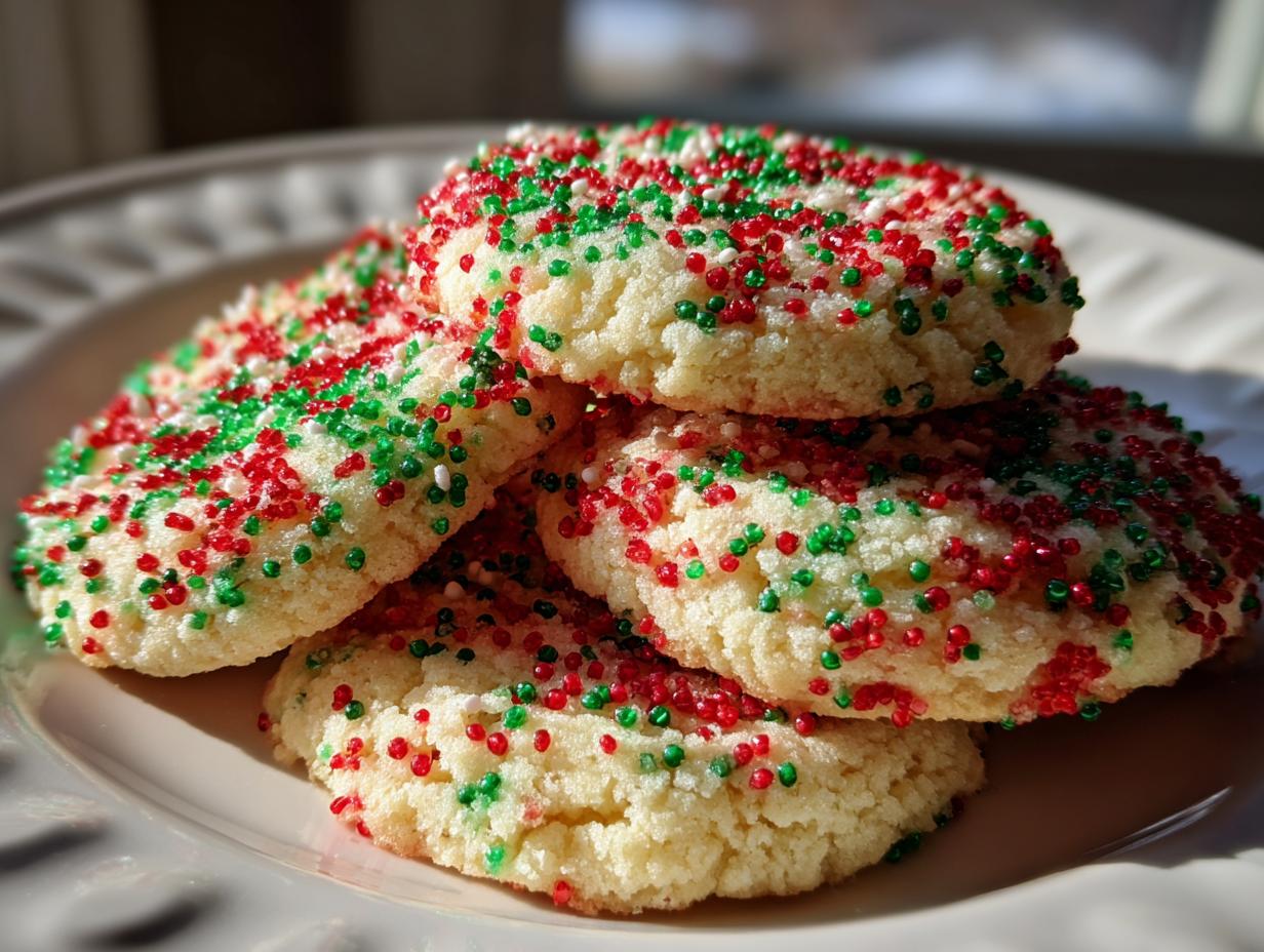 A stack of four soft christmas sprinkle sugar cookies topped with red and green nonpareils, resting on a light-colored plate.