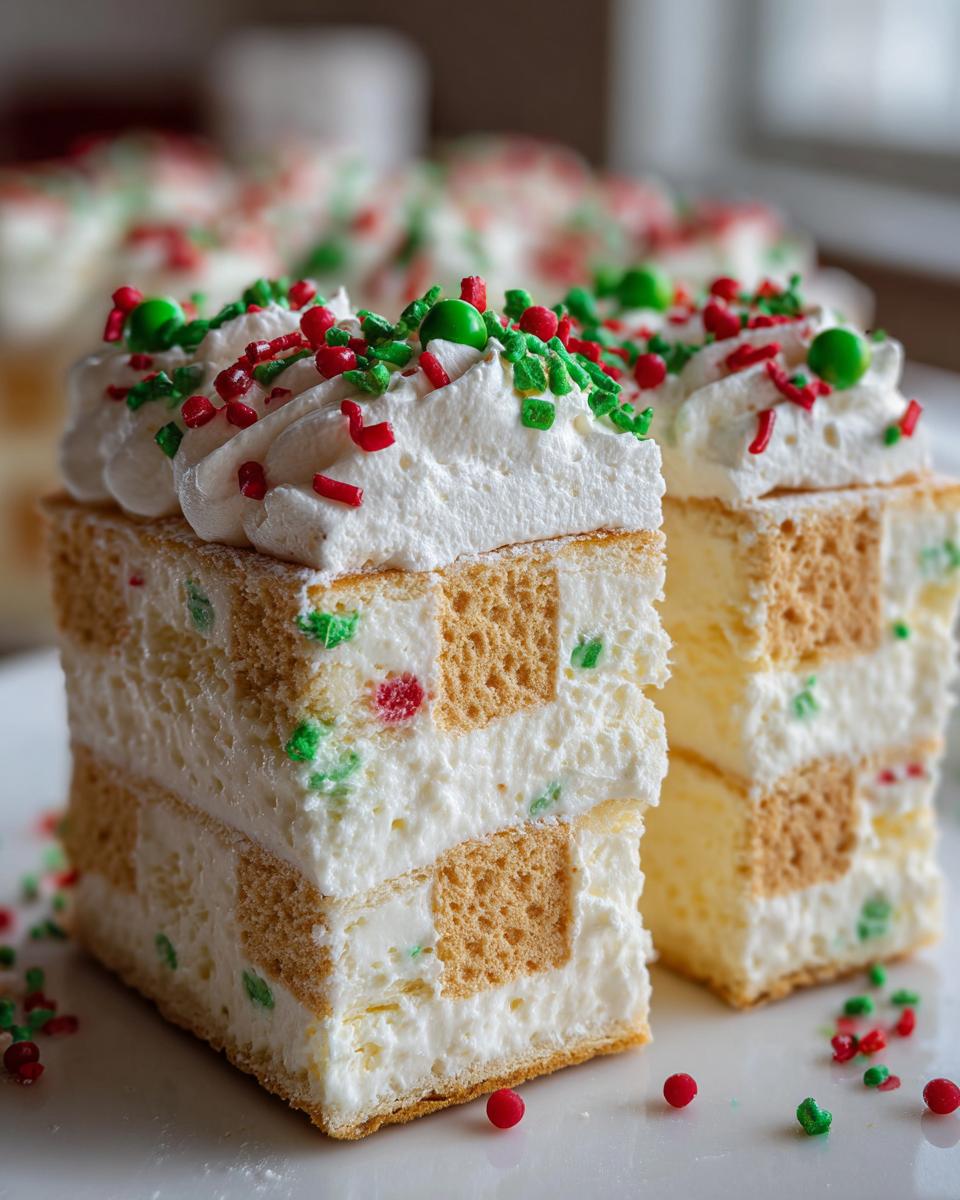 Close-up of a slice of Christmas tree cheesecake showing a checkerboard pattern of cake and cream filling, topped with whipped cream and sprinkles.