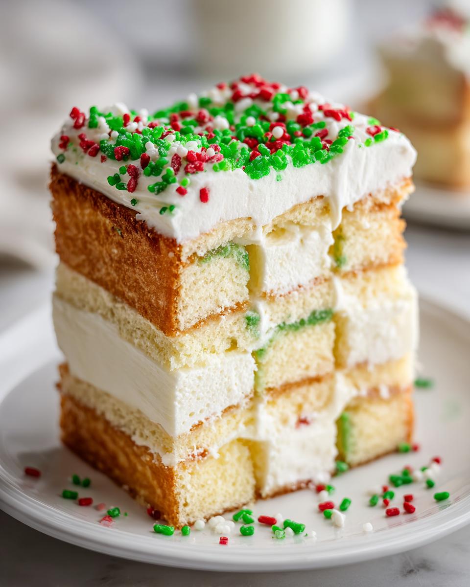 Close-up of a slice of Christmas Tree Cheesecake showing layered cake, cream filling, and red/green sprinkles.