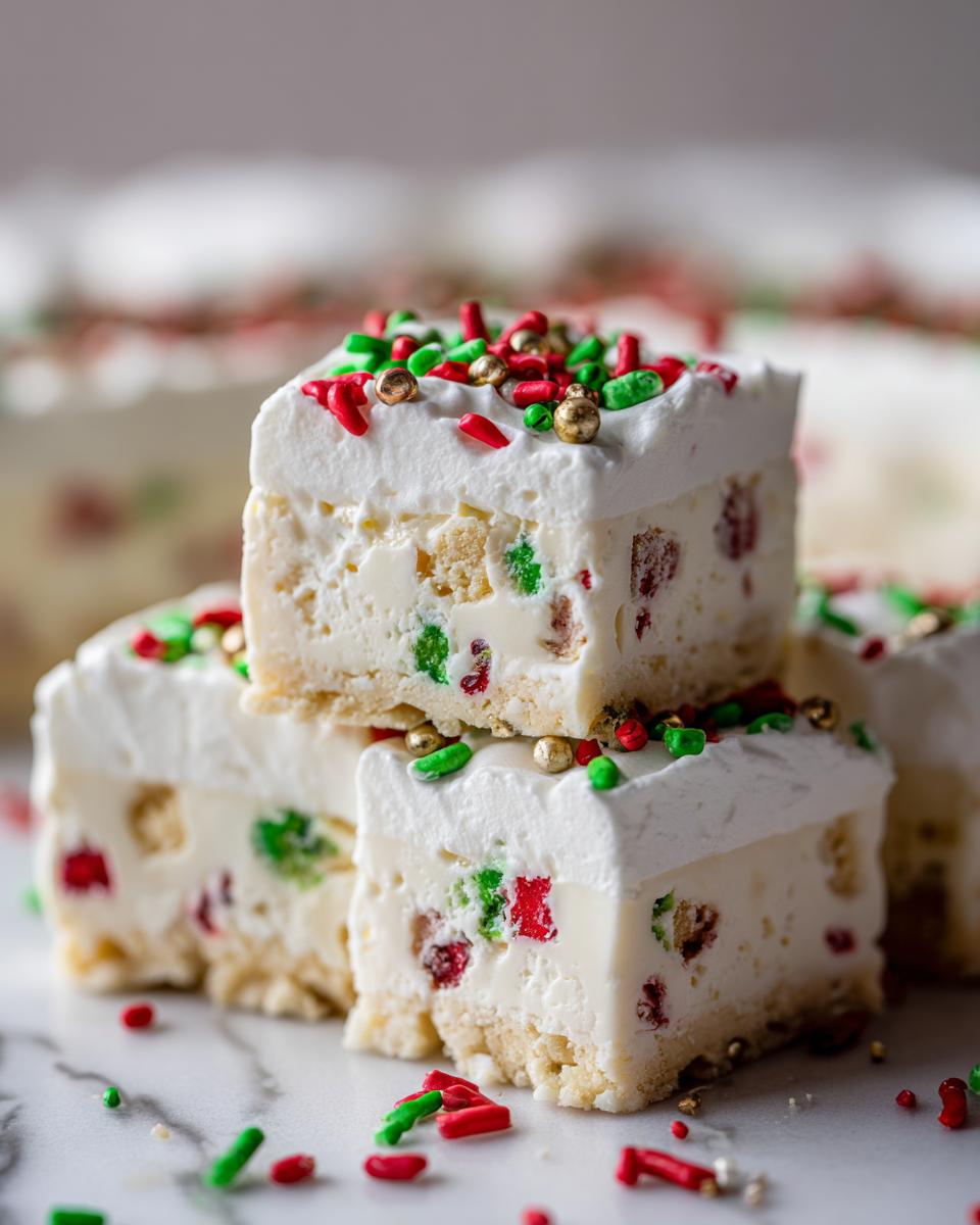 Close-up of stacked squares of creamy Christmas Tree Cheesecake topped with red, green, and gold sprinkles.