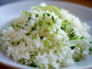 Close-up of fluffy white cilantro lime rice topped with bright green lime zest and chopped cilantro.