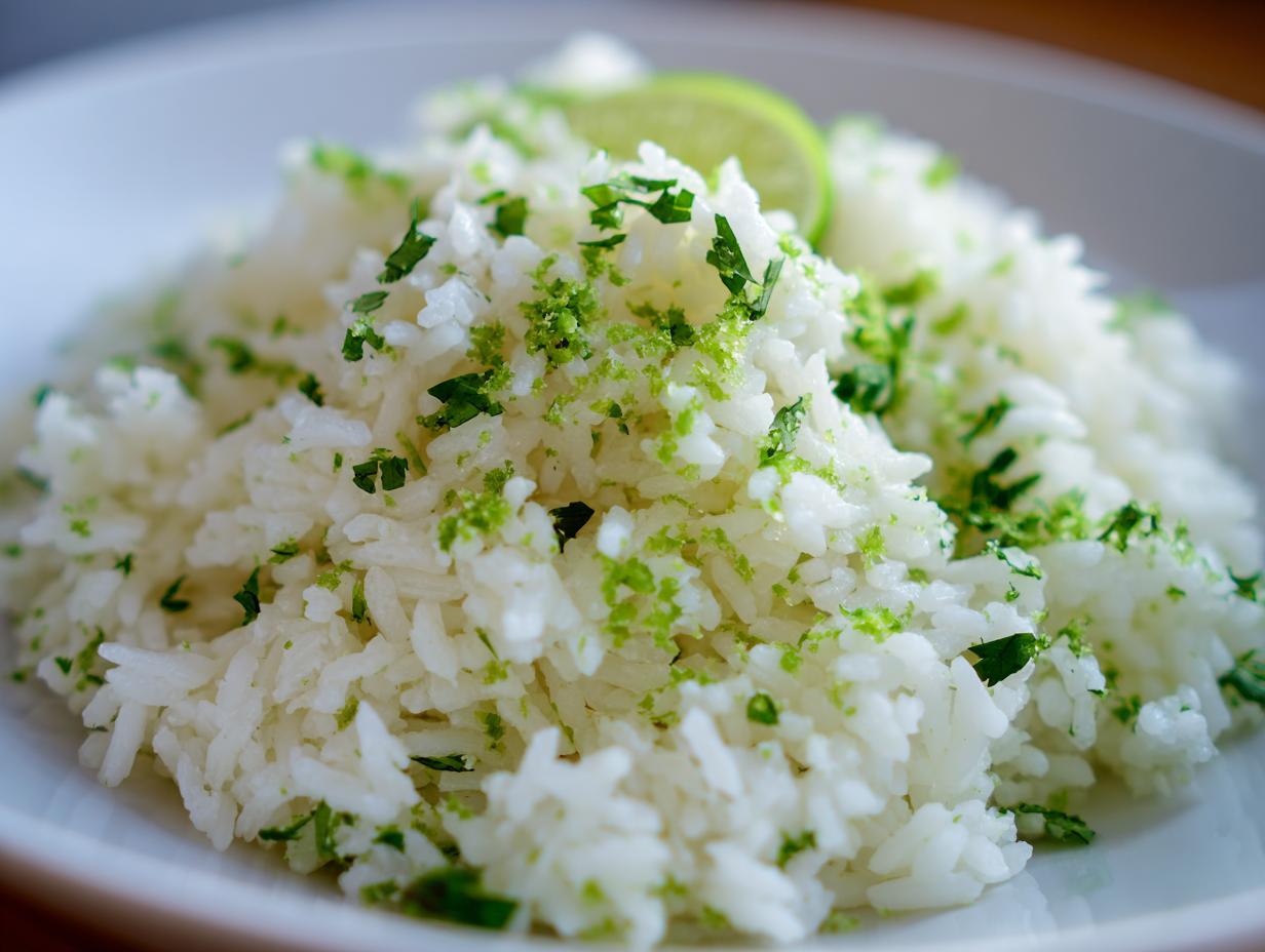 Close-up of fluffy white cilantro lime rice topped with bright green lime zest and chopped cilantro.