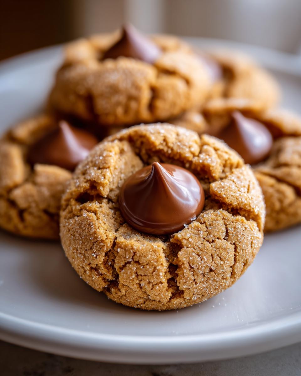 A close-up of a freshly baked peanut butter blossom cookie rolled in sugar with a melted chocolate kiss center.