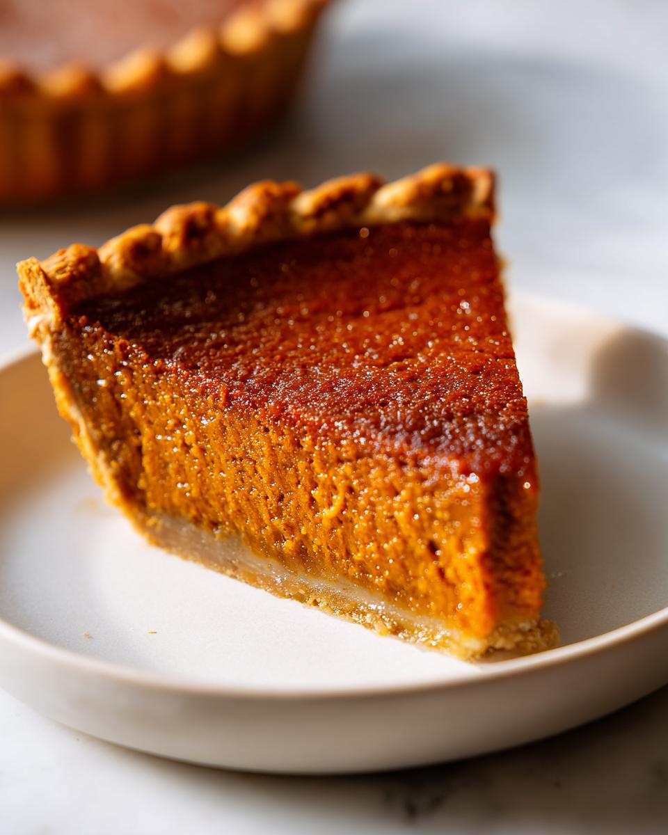 A close-up of a perfectly baked slice of classic pumpkin pie recipe on a white plate.