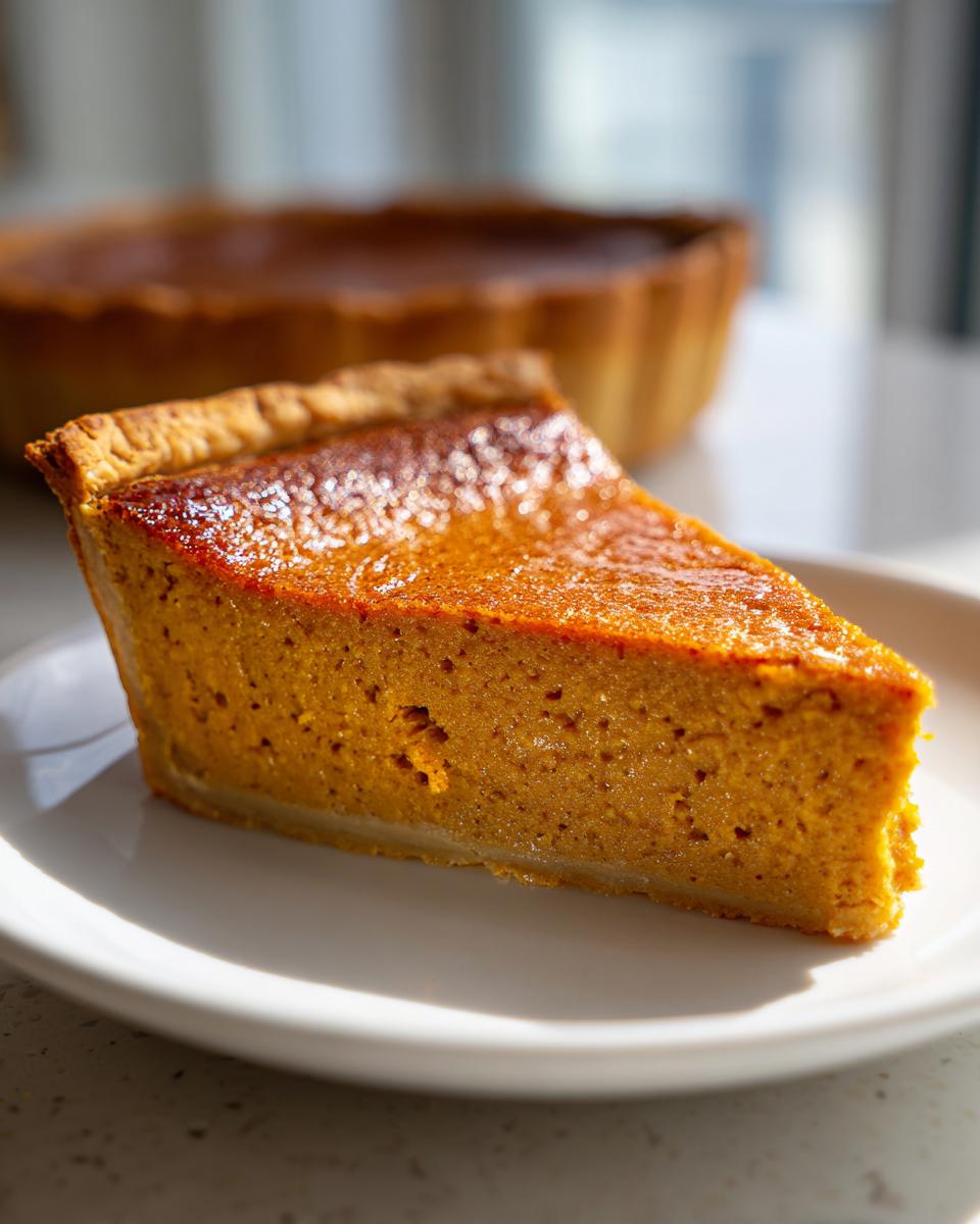 A close-up of a perfectly baked slice from a classic pumpkin pie recipe, showing the smooth, orange filling and flaky crust.