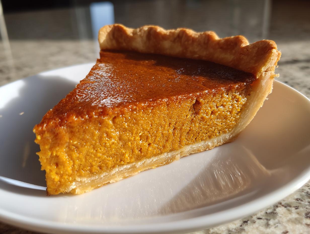 Close-up of a perfect slice of classic pumpkin pie recipe showing the rich orange filling and flaky crimped crust.