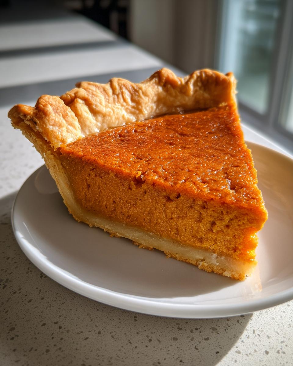 A close-up of a perfect slice of classic pumpkin pie showing the rich orange filling and flaky crust.