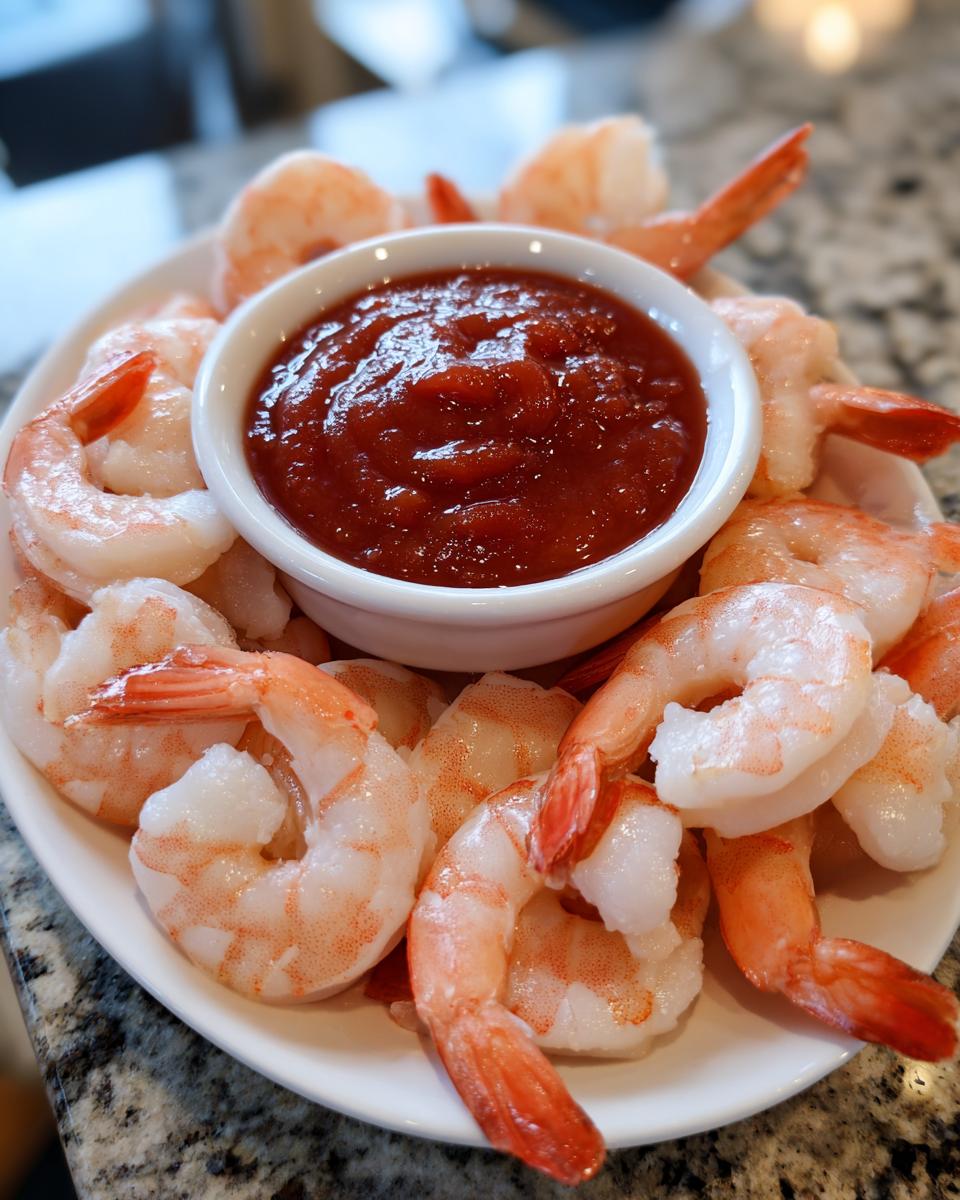 A white plate filled with cooked shrimp surrounding a small bowl of red shrimp cocktail sauce.