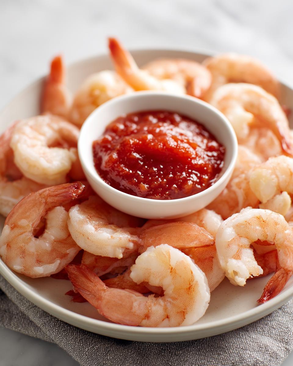 A plate of chilled, cooked shrimp surrounding a small white bowl of red shrimp cocktail sauce.