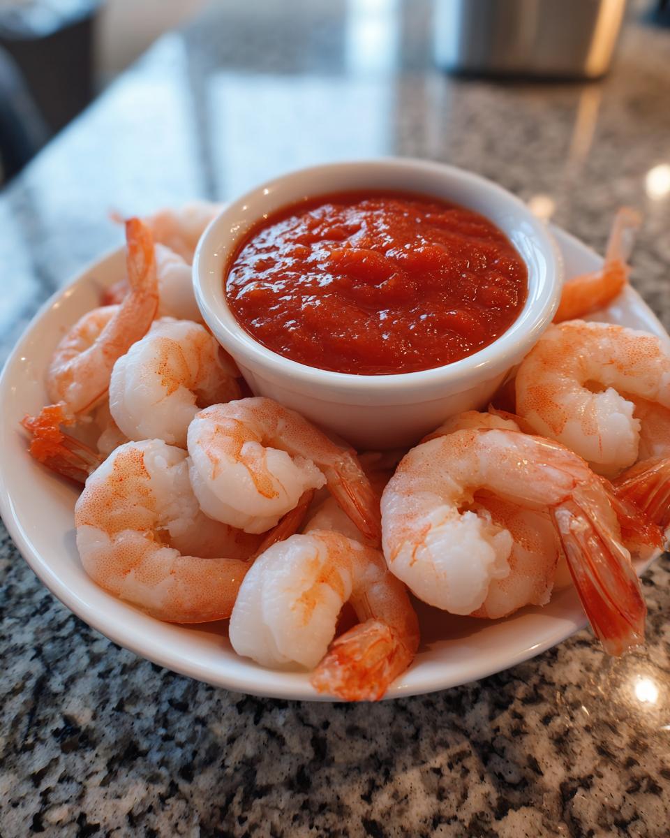 A plate of chilled, cooked shrimp surrounding a small white bowl of bright red shrimp cocktail sauce.