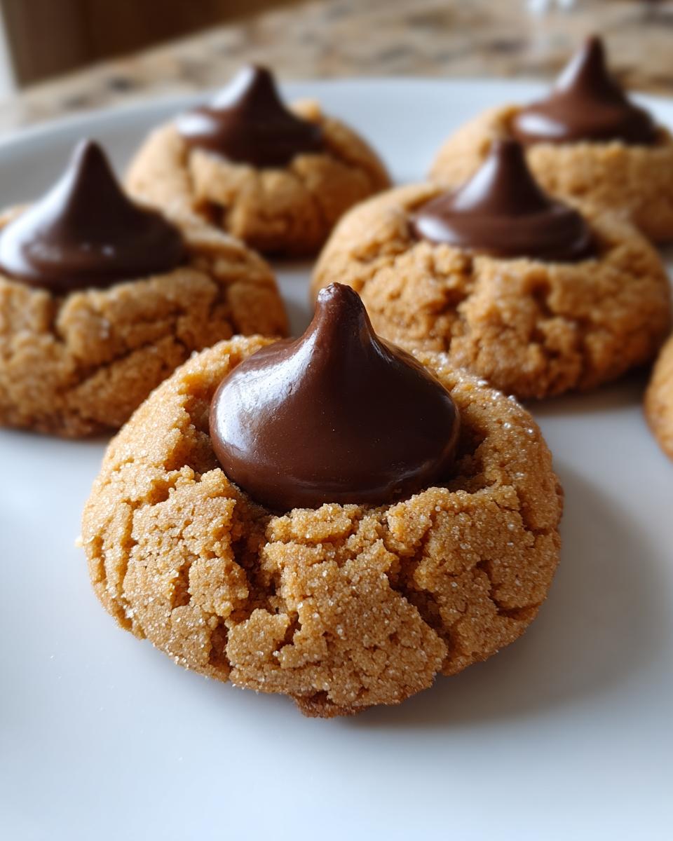 A close-up of a classic peanut butter blossom cookie, featuring a crinkled, sugar-coated base topped with a melted chocolate kiss.