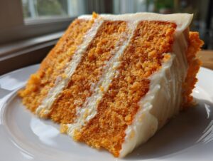 Close-up of a moist slice of orange Creamsicle Cake layered with thick white frosting.