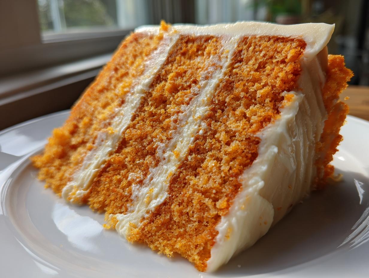 Close-up of a moist slice of orange Creamsicle Cake layered with thick white frosting.