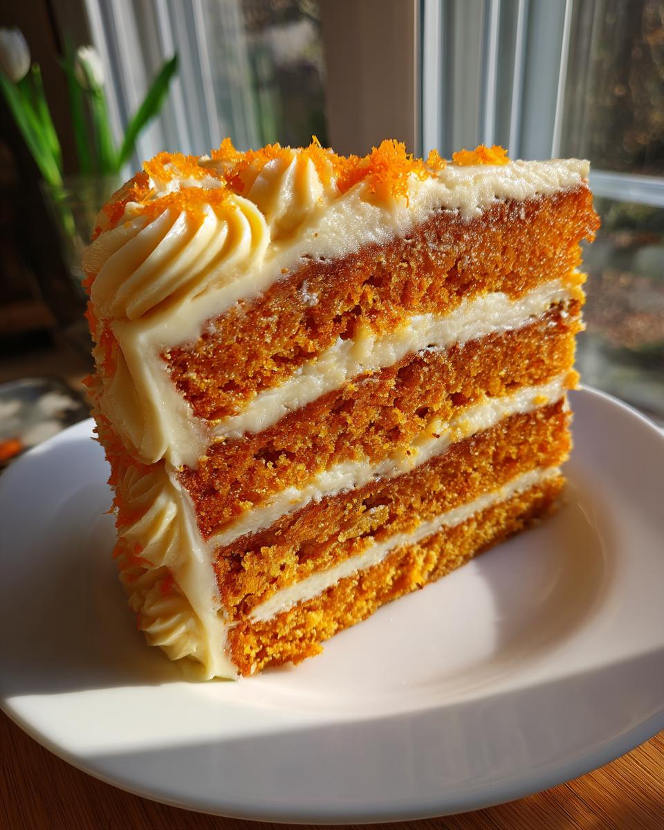 A tall, four-layer slice of orange-hued cake with white frosting, resembling a Creamsicle Cake.