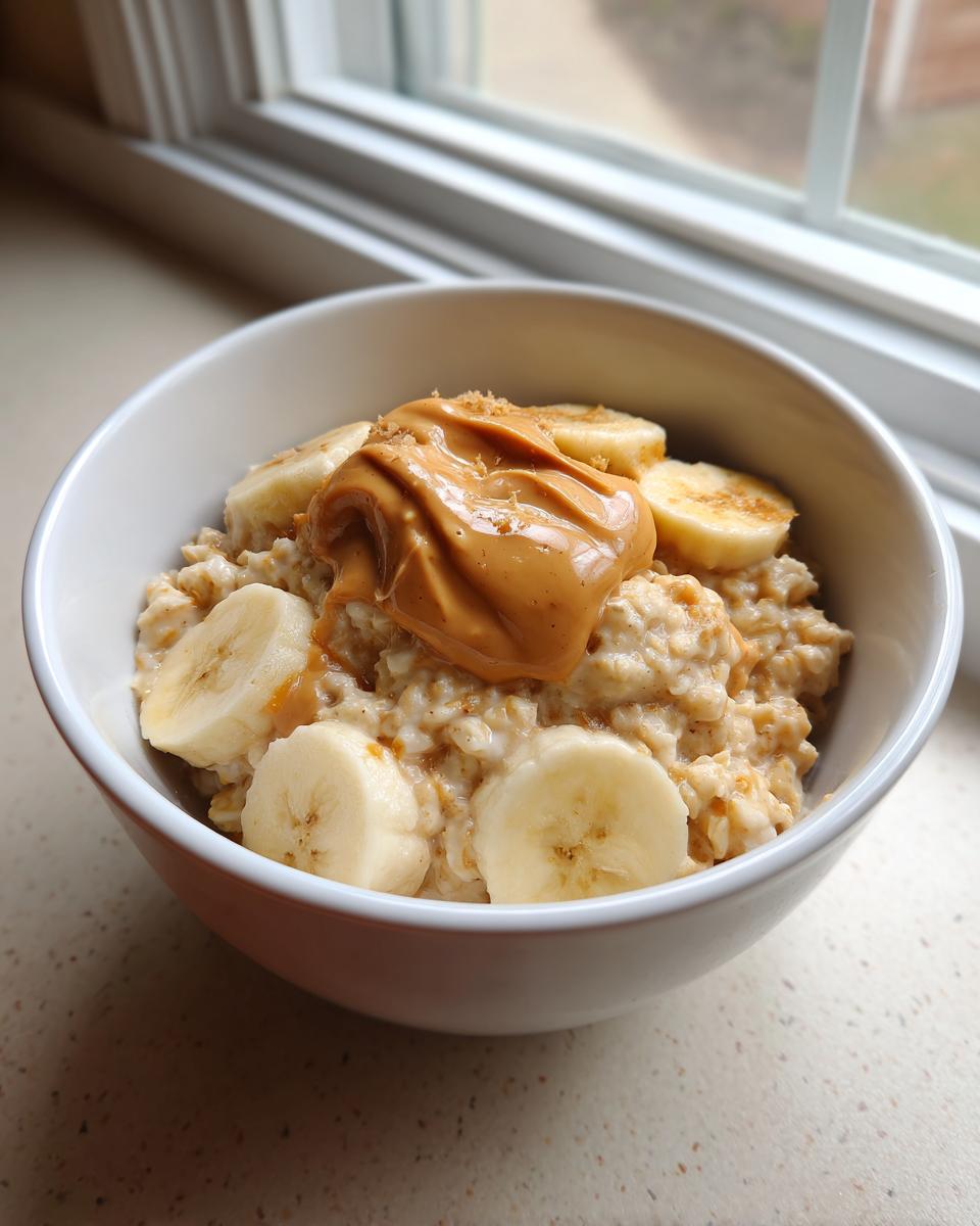 A close-up of creamy banana oatmeal topped with sliced bananas and a dollop of peanut butter.