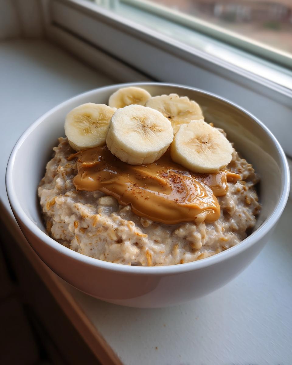A white bowl filled with creamy banana oatmeal topped with peanut butter, sliced bananas, and cinnamon.