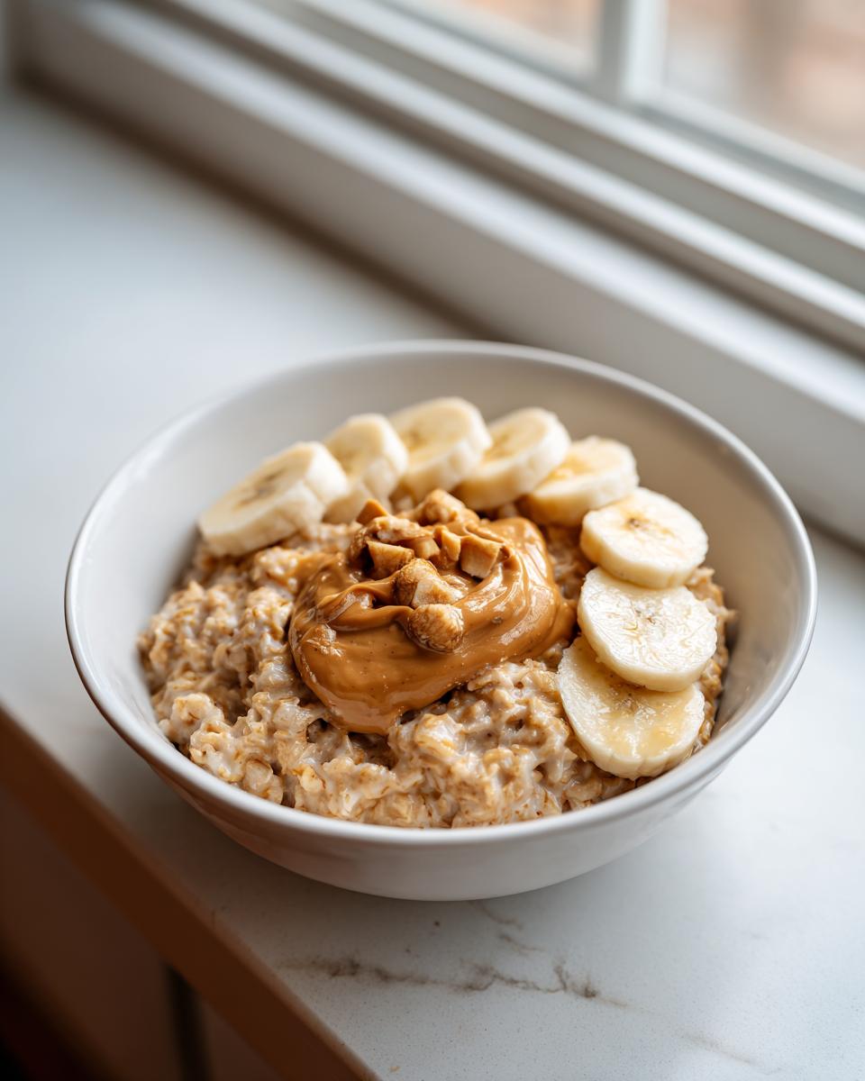 A bowl of creamy banana oatmeal topped with a dollop of peanut butter and fresh banana slices.