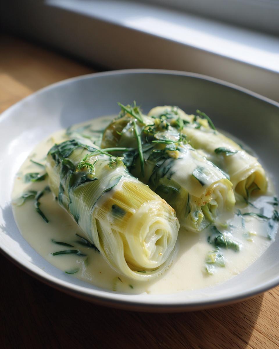 Three tender braised leeks served in a creamy white sauce and topped with fresh green herbs.