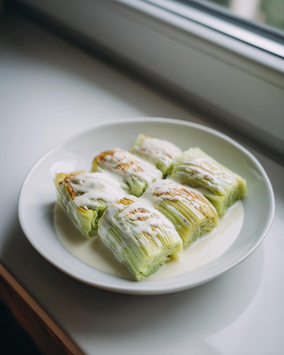 Six pieces of tender braised leeks covered in a creamy white sauce, served on a white plate near a window.
