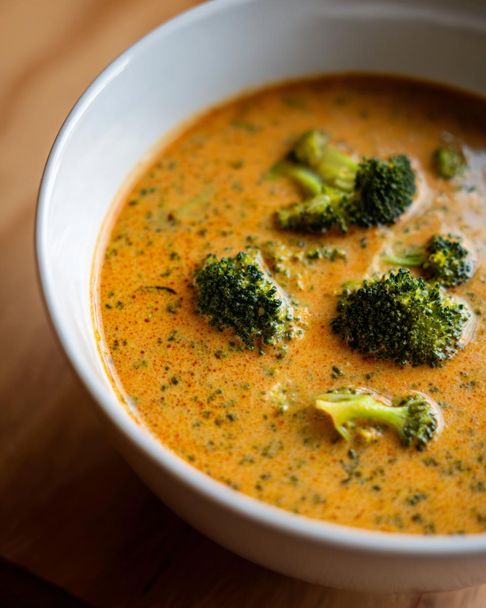 Close-up of a white bowl filled with creamy, orange-hued broccoli cheddar soup, topped with bright green broccoli florets.