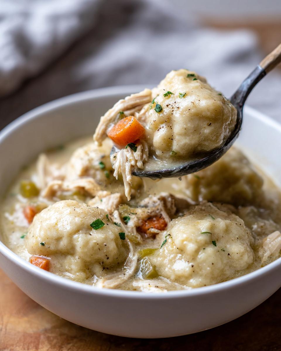 A spoonful of creamy chicken and dumpling soup showing tender shredded chicken, carrots, and a fluffy dumpling.